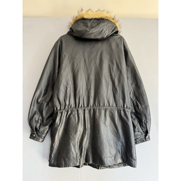 Vintage Wilsons Black Leather Coat Mens Medium Hooded Faux Fur Trim Quilted Y2K - Picture 4 of 13